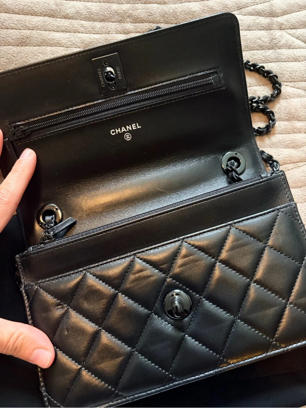 CHANEL Black Quilted Leather Crossbody Bag with Chain Strap